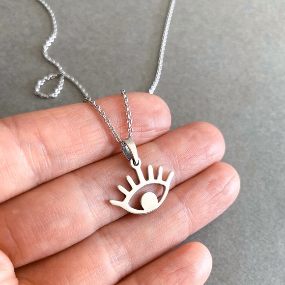 Any 4/$25! Silver Stainless Steel Evil Eye Clasp Back Necklace - Picture 3 of 6